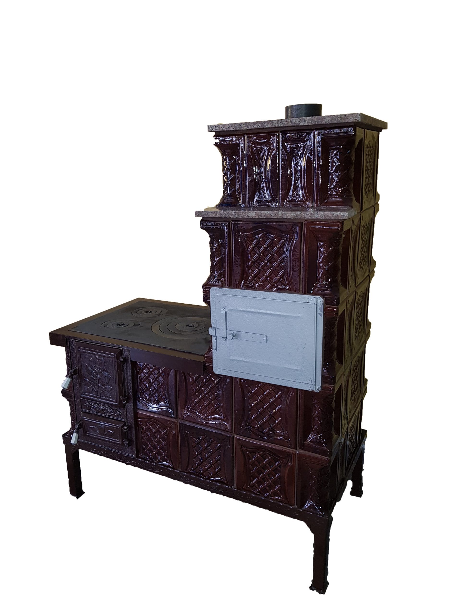 Mobilny piec terakotowy Gospodarul, 5 rzędów, płyta grzewcza środkowa, zasilanie i piekarnik po prawej, brązowy, 140 cm x 101 cm x 46 cm - obrazek 3
